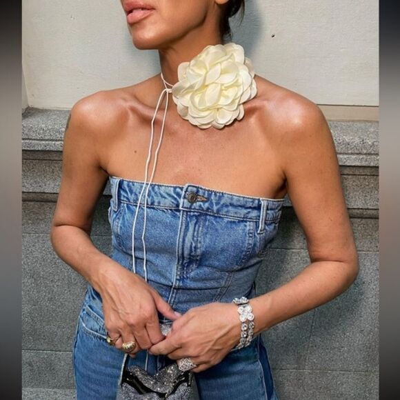 ZARA ZW DENIM BUSTIER TOP - Picture 1 of 13